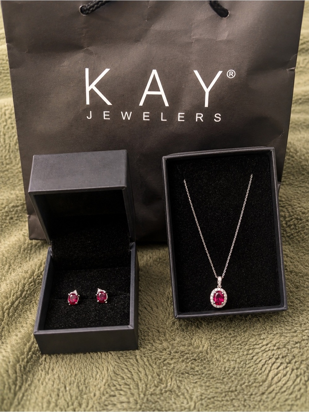 Kay Jewelers Ruby Halo Necklace and Stud Earring Set